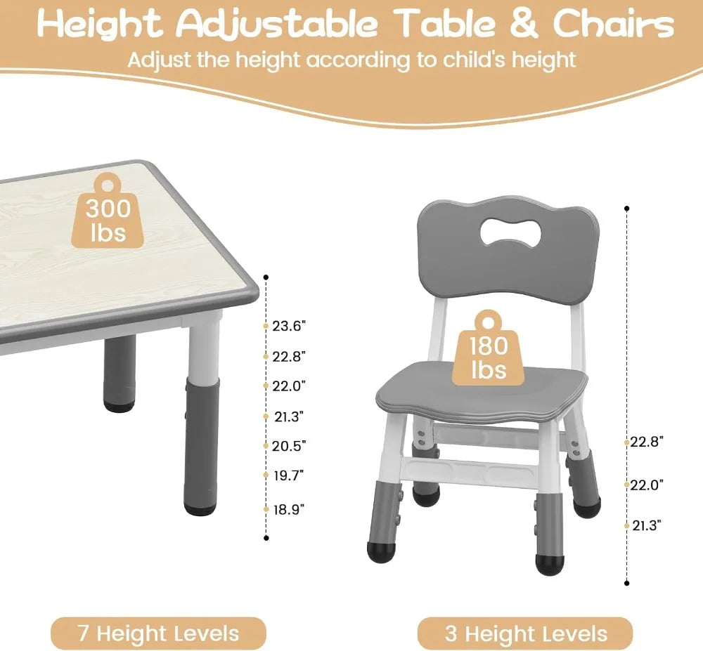 Kids Table 6 Chairs Set 47x24in Height Adjustable Activity Table Storage Boxes Wipe-Clean Gray