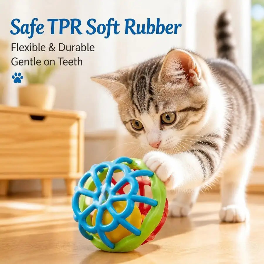 Pet Cat TPR Soft Rubber Teaser Toy Ball With Built-In Bell And Plush Tail, Durable Chew-Resistant Interactive Rolling Ball For