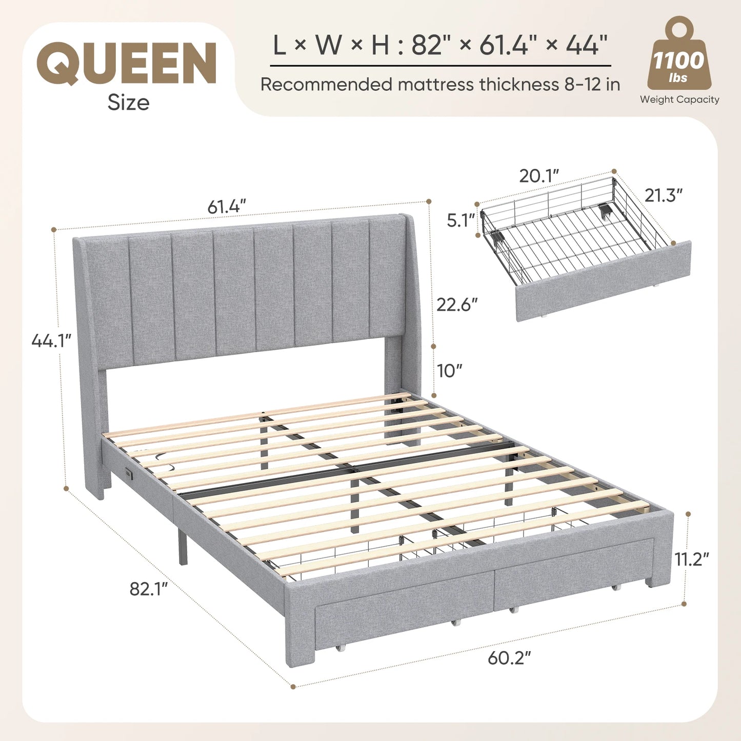 JHK Upholstered Platform Bed Frame With 2-Drawer Storage