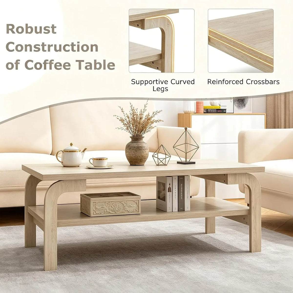 Rectangular Wooden Coffee Table 2-Tier Storage Shelf Mid-Century Vintage Living Room Apartment Natural, Customized