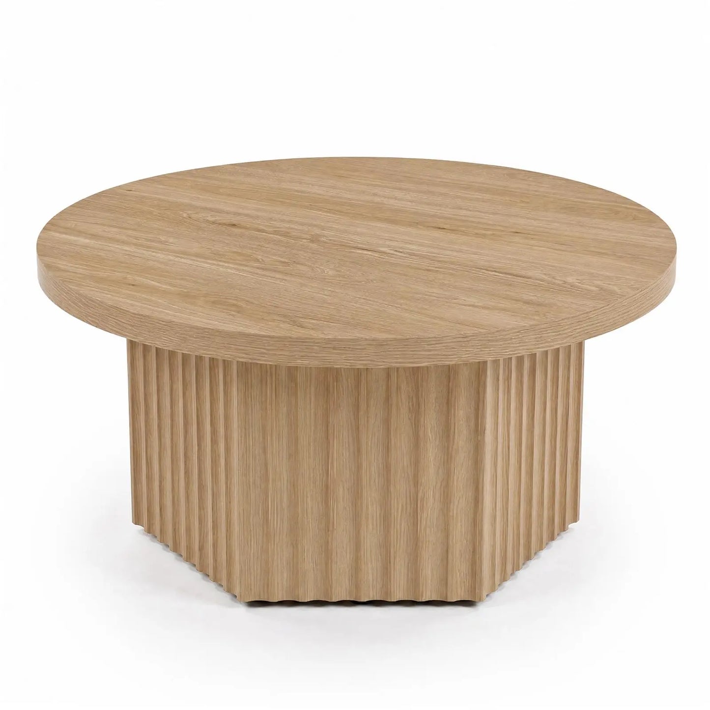 31.5 Inch Round Fluted Drum Coffee Table, Modern Wood Pedestal Table For Living Room, Apartment, Small Space, Farmhouse Boho