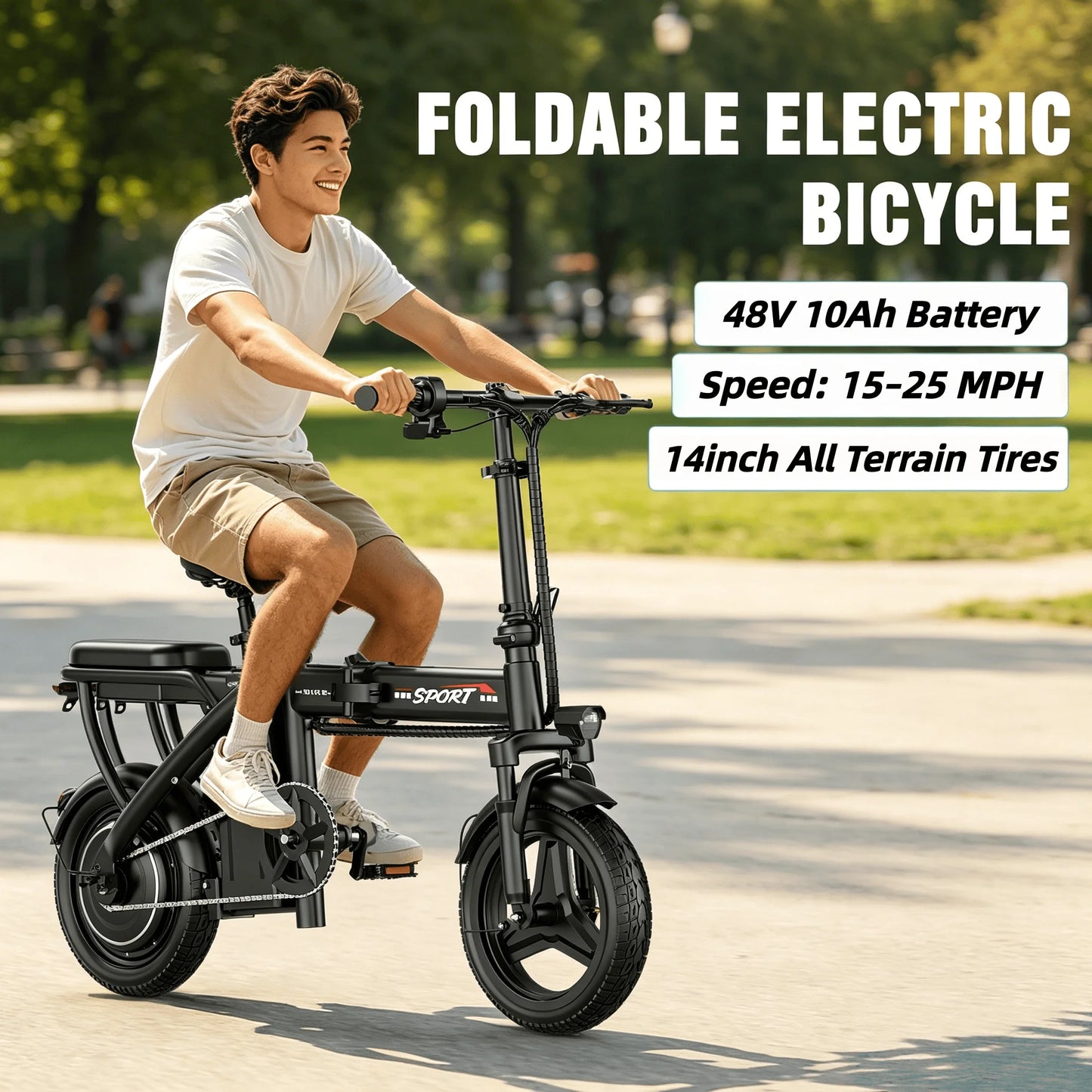 Electric Bike with 48V Battery & Brushless Motor, 15-25 MPH Folding E-Bike for Adults, Lightweight Commuter E-Bike