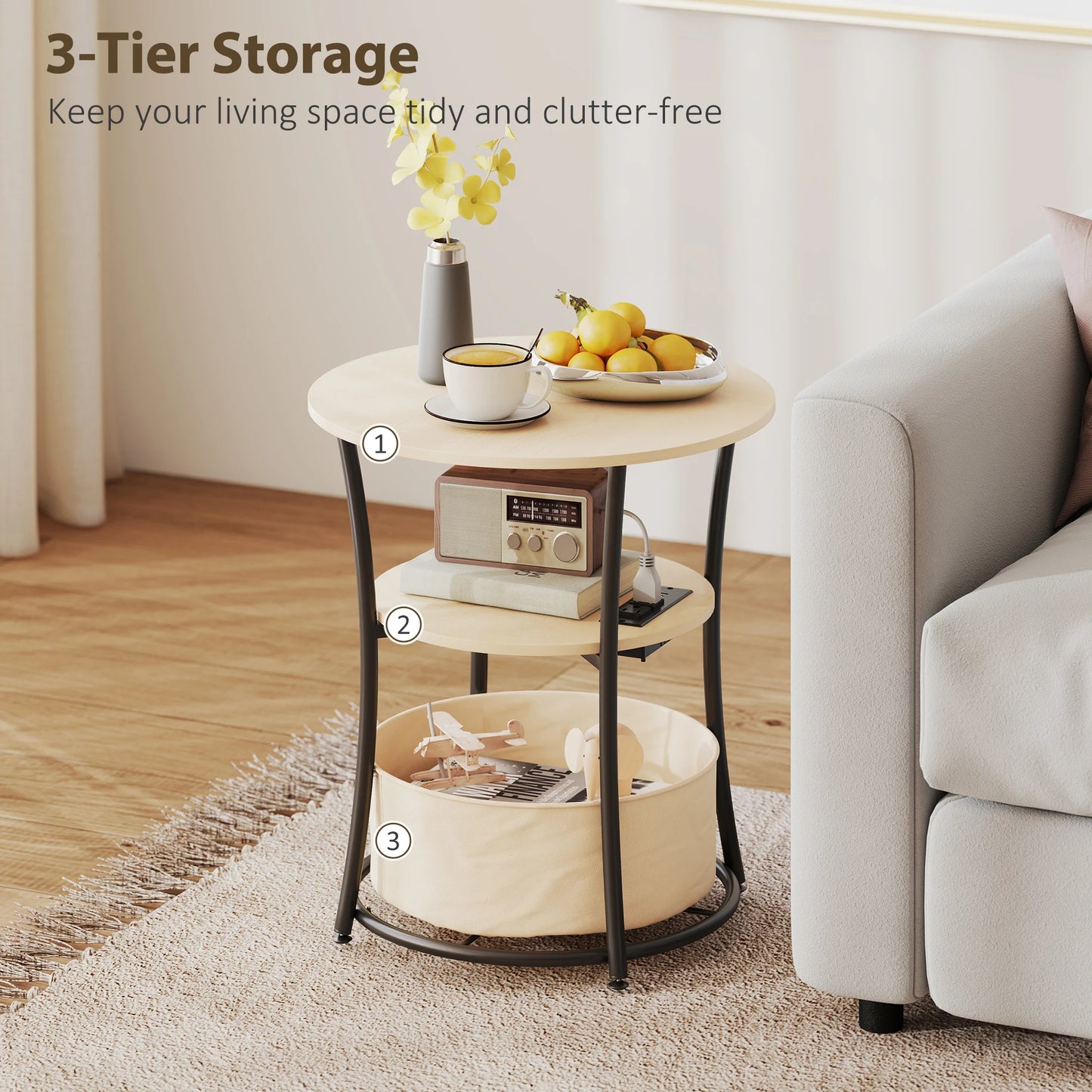 HOMCOM Round Side Table with Charging Station, 3-Tier End Table with Fabric Storage Bag, Shelf and Steel Frame for Living Room, Natural Wood