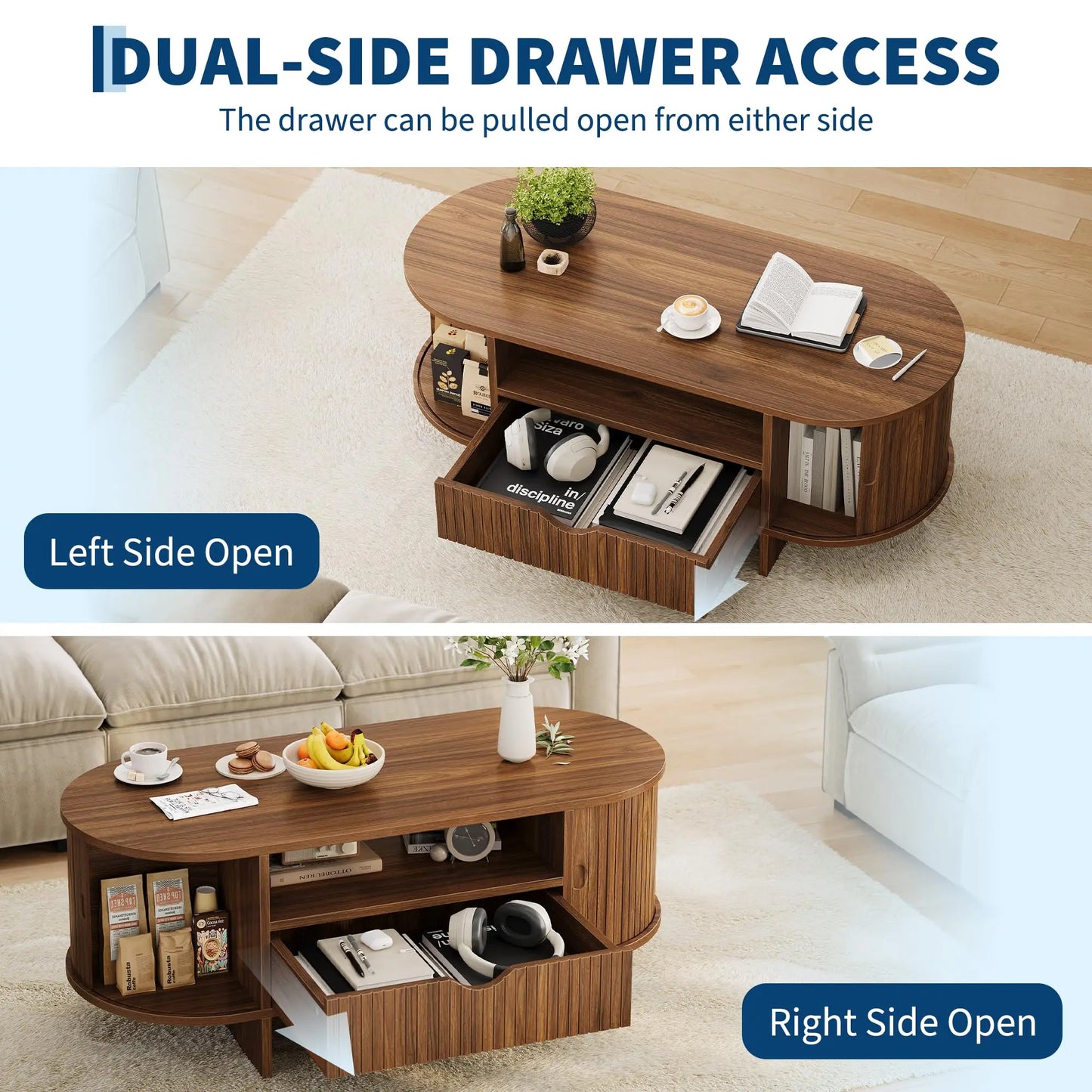 47.2in Oval Coffee Table With Storage, Modern Fluted Wood Center Table With Drawer & Sliding Door Cabinets For Living Room, Small Space