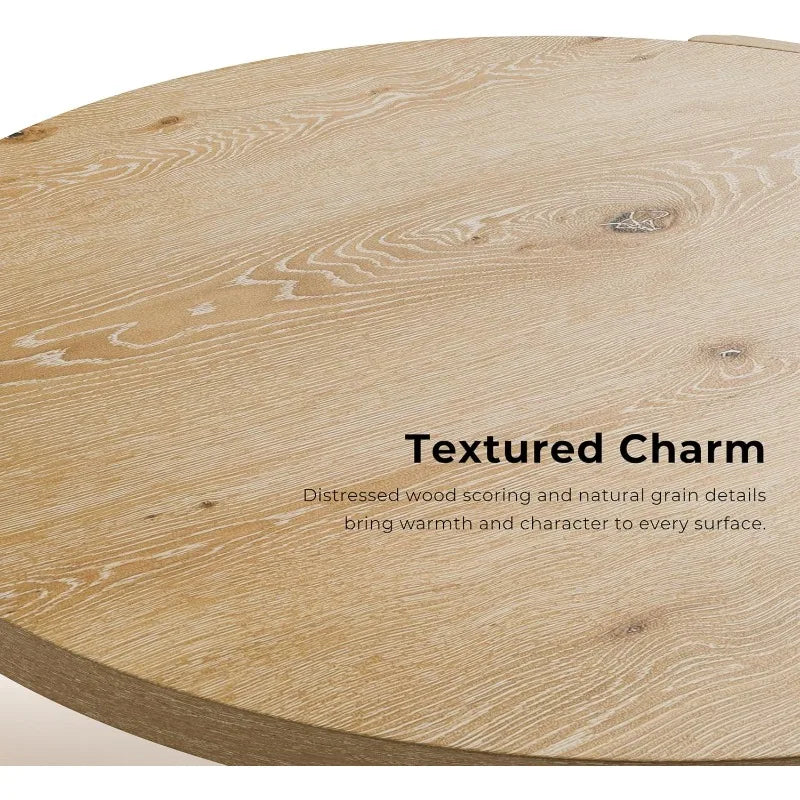 Carys 42” Round Coffee Table, Solid Rubberwood & Oak Veneer, Modern Wood Living Room Table with Plinth Base, Oak Finish