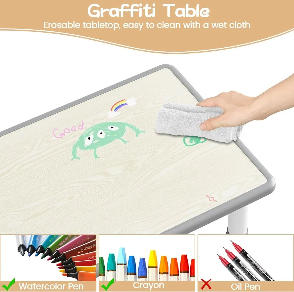 Kids Table 6 Chairs Set 47x24in Height Adjustable Activity Table Storage Boxes Wipe-Clean Gray