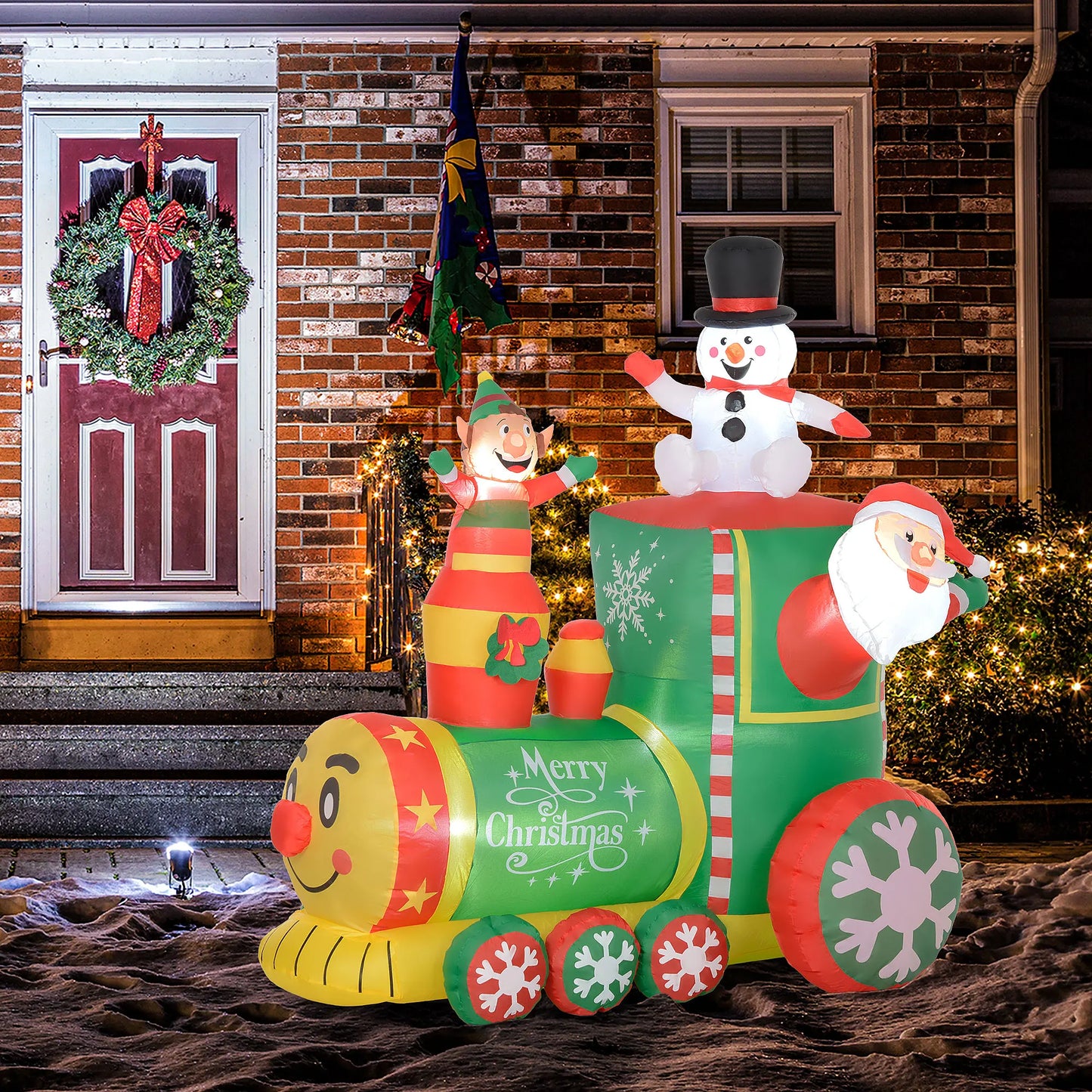 6FT Christmas Inflatables Train, Santa Claus and Snowman Drive Train Blow-Up Outdoor Christmas Decorations with White LED Lights, for Lawn Garden Party
