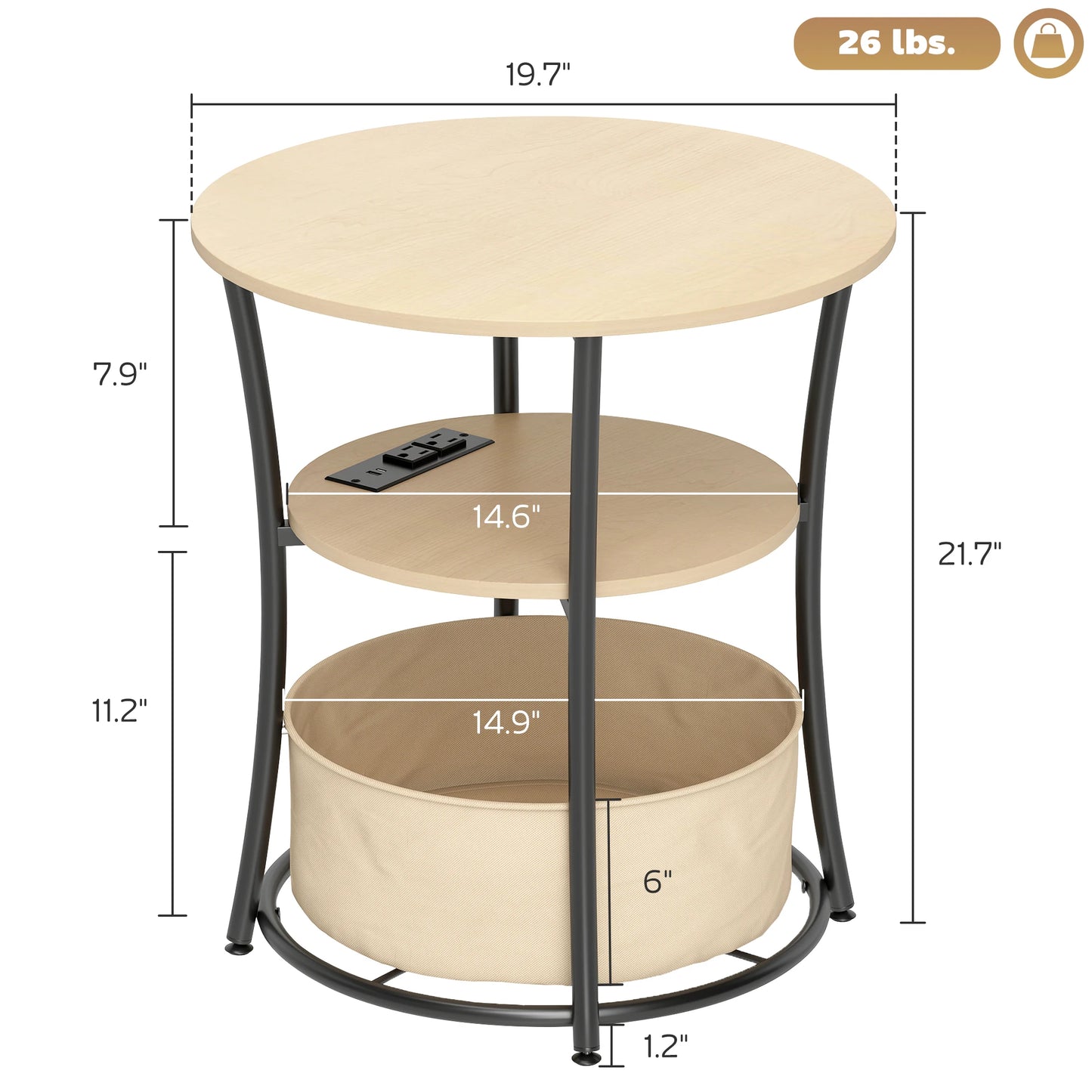 HOMCOM Round Side Table with Charging Station, 3-Tier End Table with Fabric Storage Bag, Shelf and Steel Frame for Living Room, Natural Wood