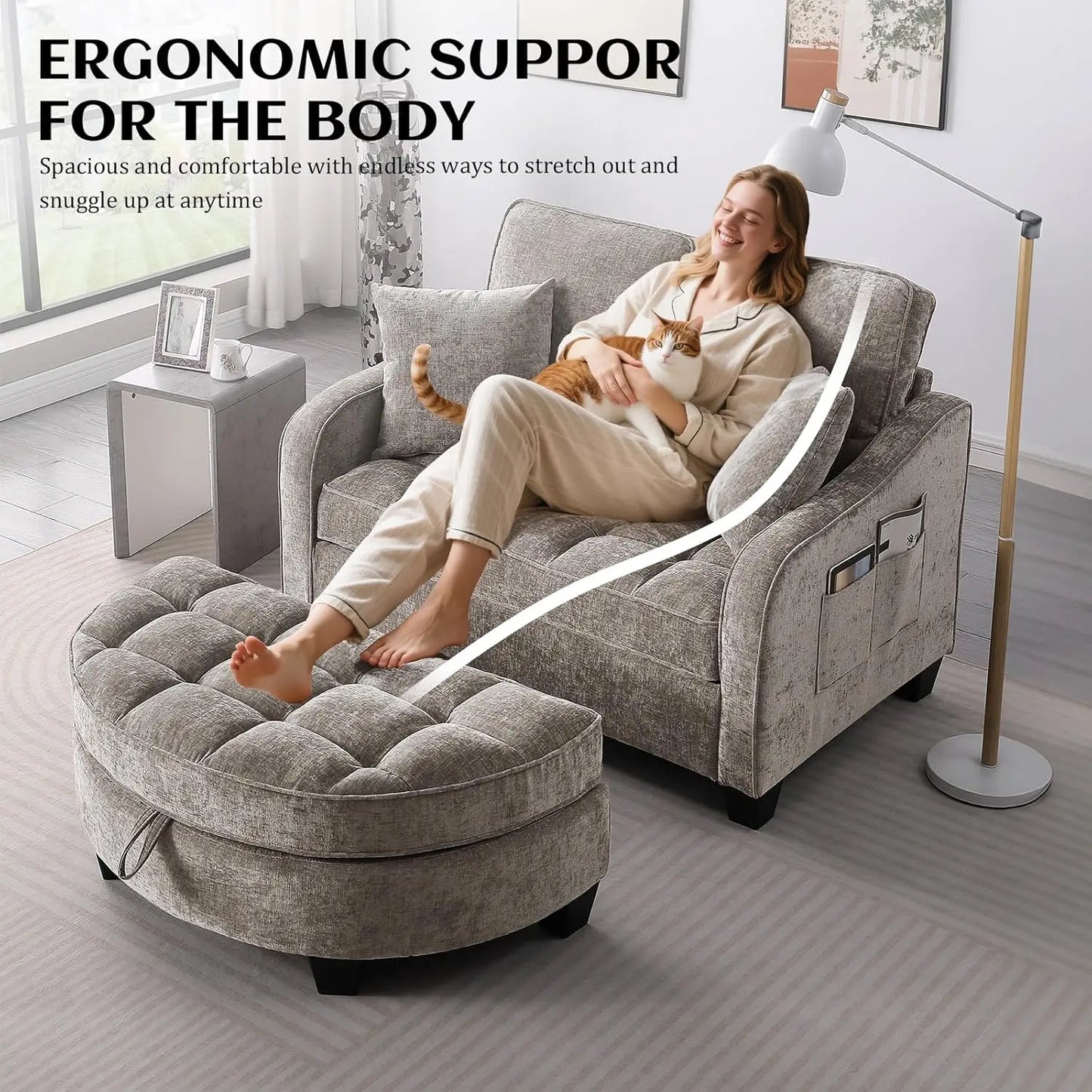 Oversized Curved Chaise Lounge Chair With Ottoman Chenille