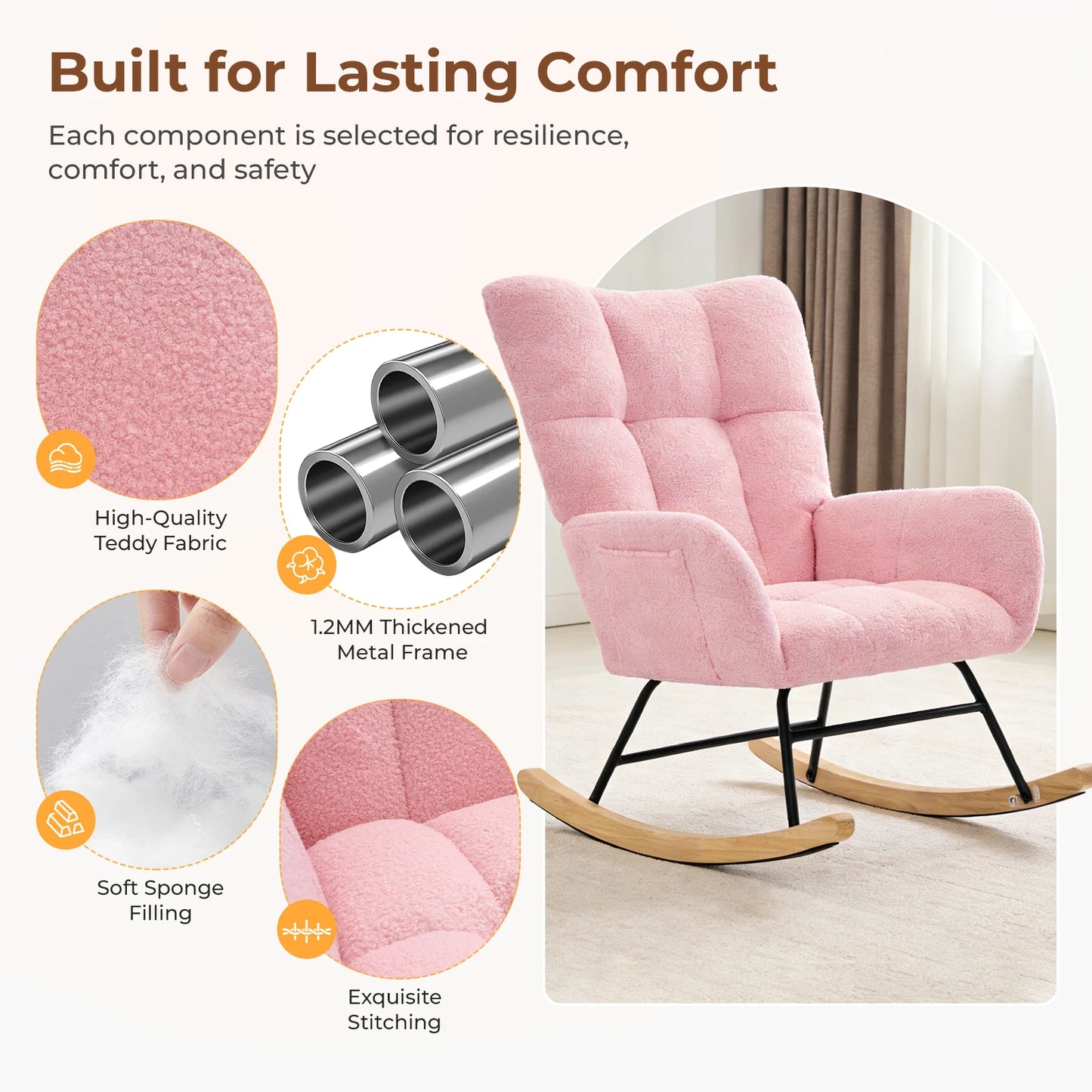 JHK Teddy Upholstered Saucer Rocking Reading Chair With High Backrest