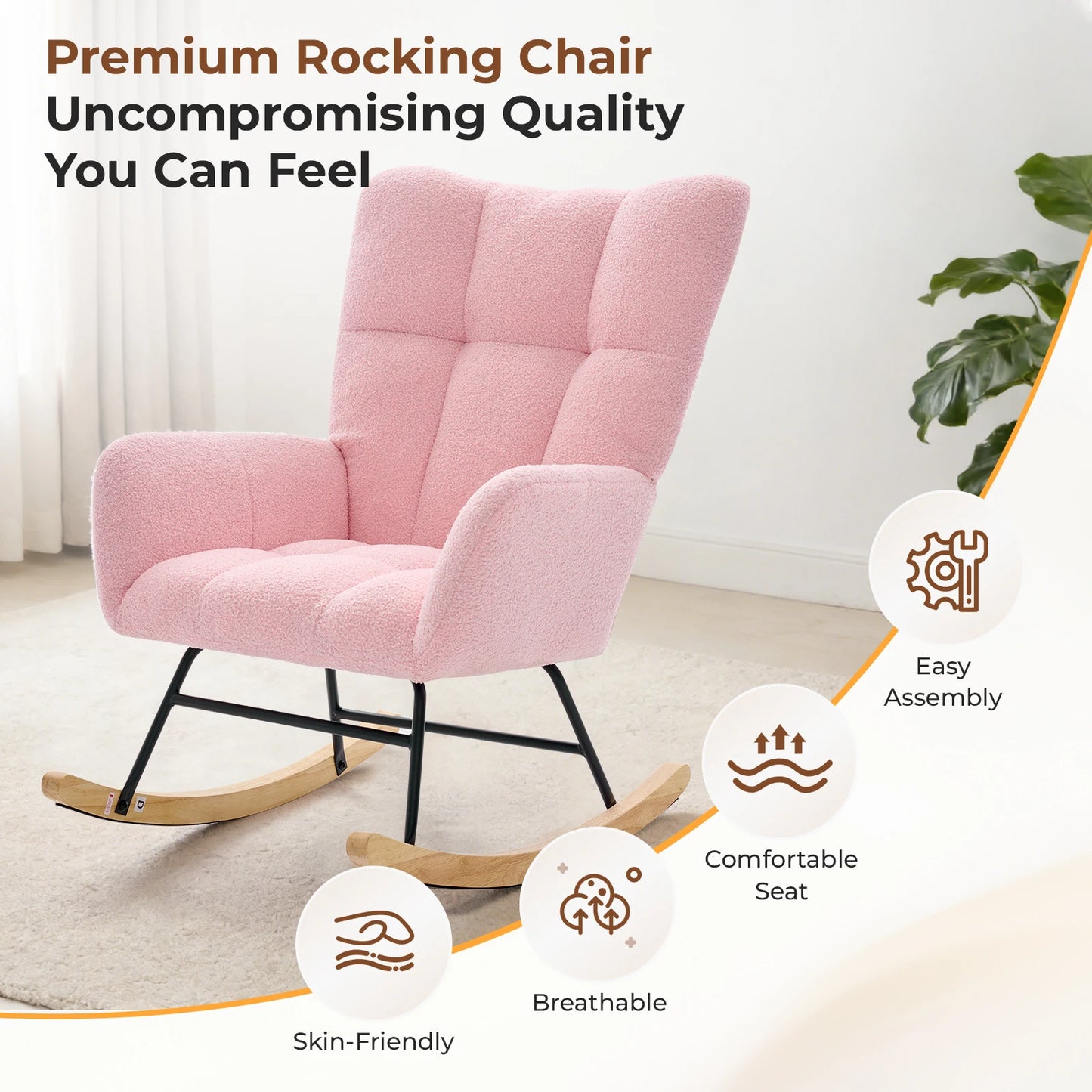 JHK Teddy Upholstered Saucer Rocking Reading Chair With High Backrest