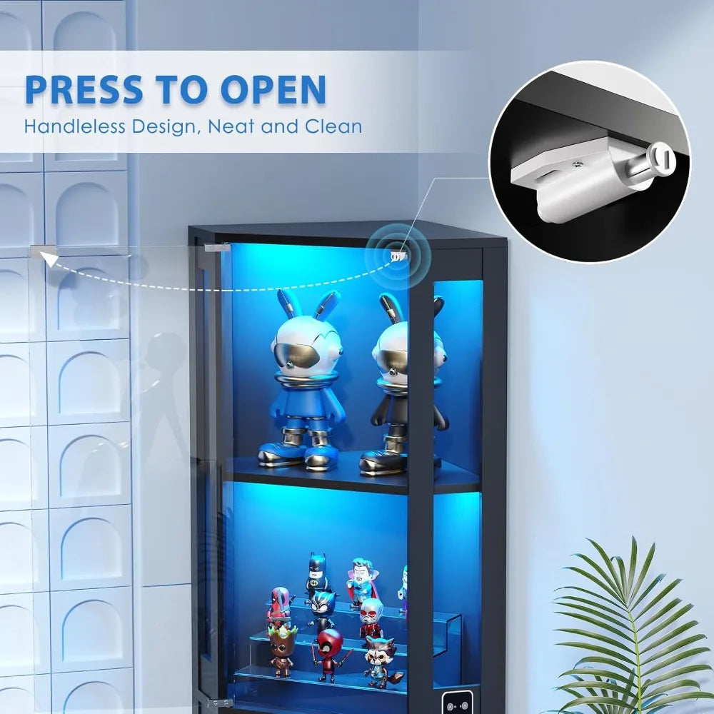 Corner Glass Display Cabinet With Led Lights And Motion Sensor