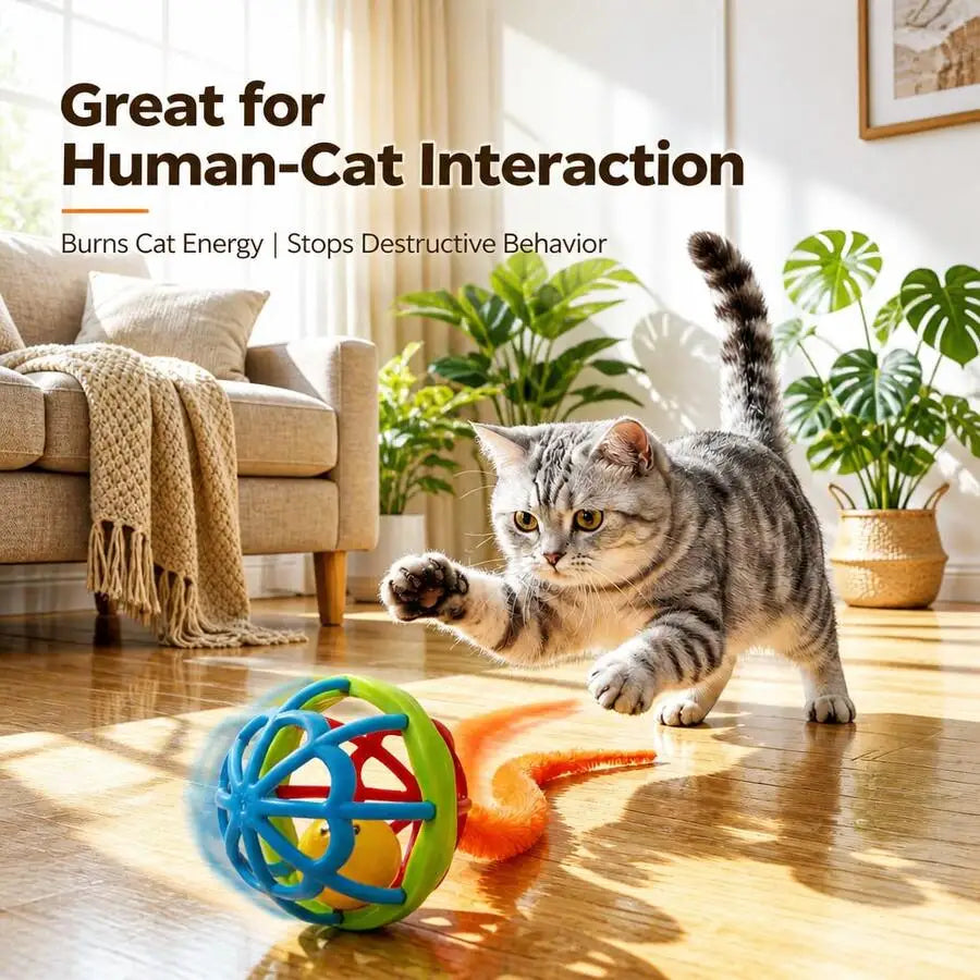Pet Cat TPR Soft Rubber Teaser Toy Ball With Built-In Bell And Plush Tail, Durable Chew-Resistant Interactive Rolling Ball For