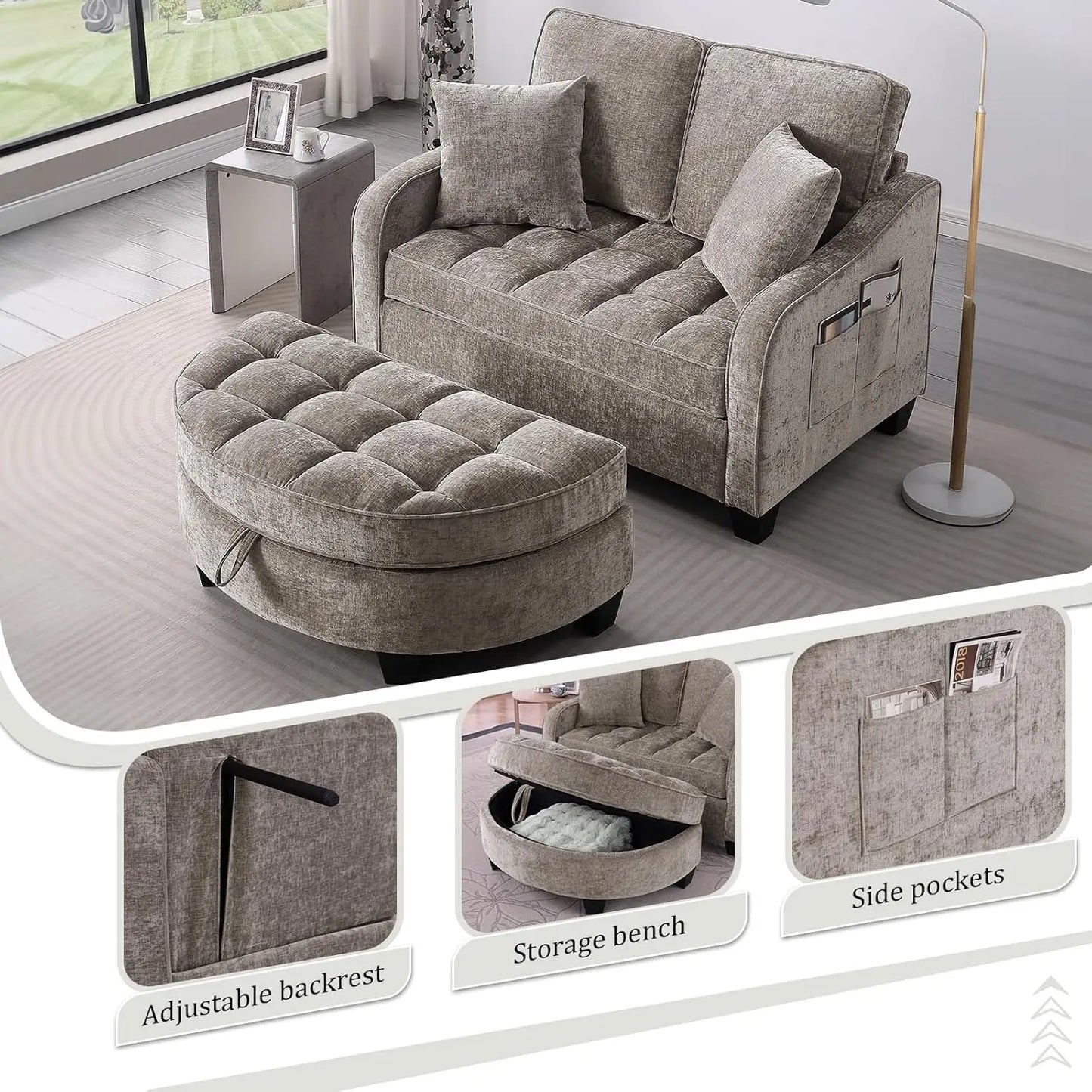 Oversized Curved Chaise Lounge Chair With Ottoman Chenille