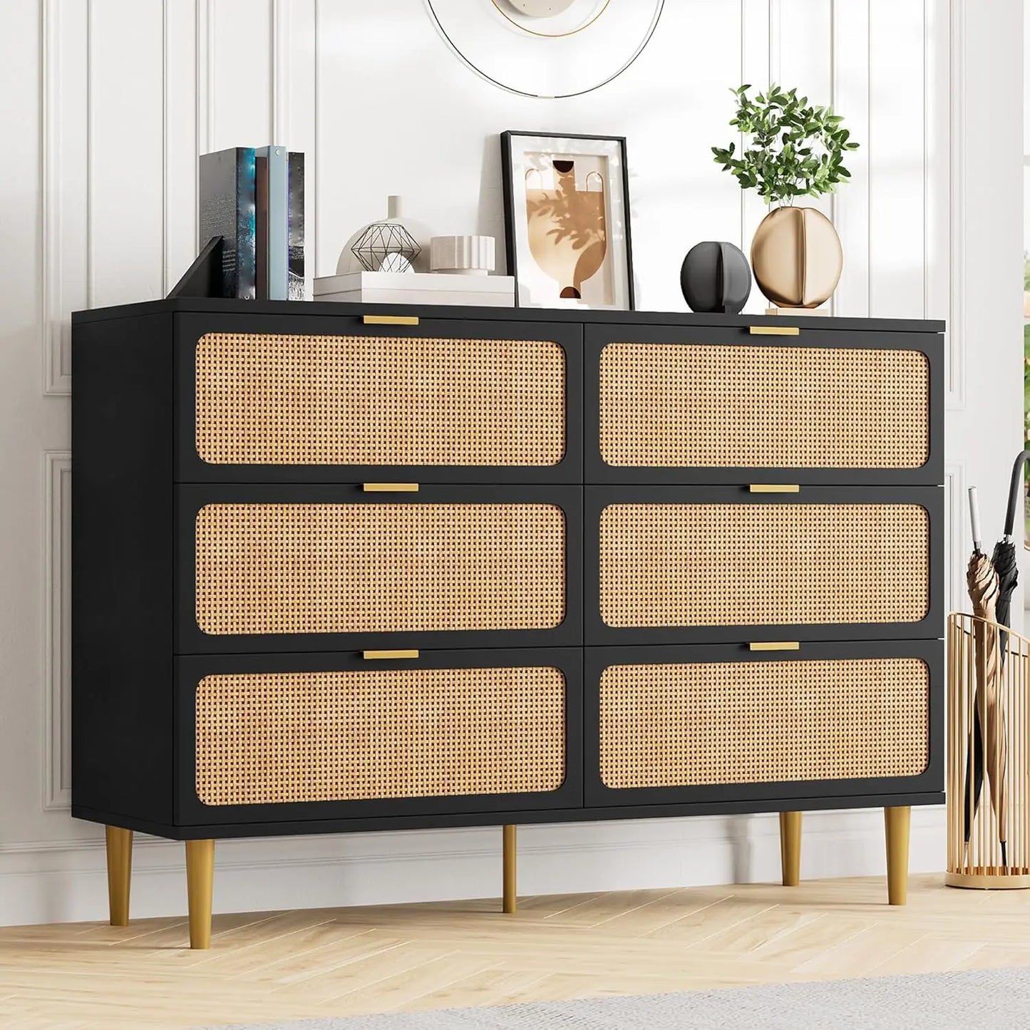47.2in 6 Drawer Natural Rattan Dresser for Bedroom, Wooden Dresser with 15.6in Deep Storage & Wide Top, Large Modern Chest of Drawers for Living Room, Hallway and Kids Room Closet,