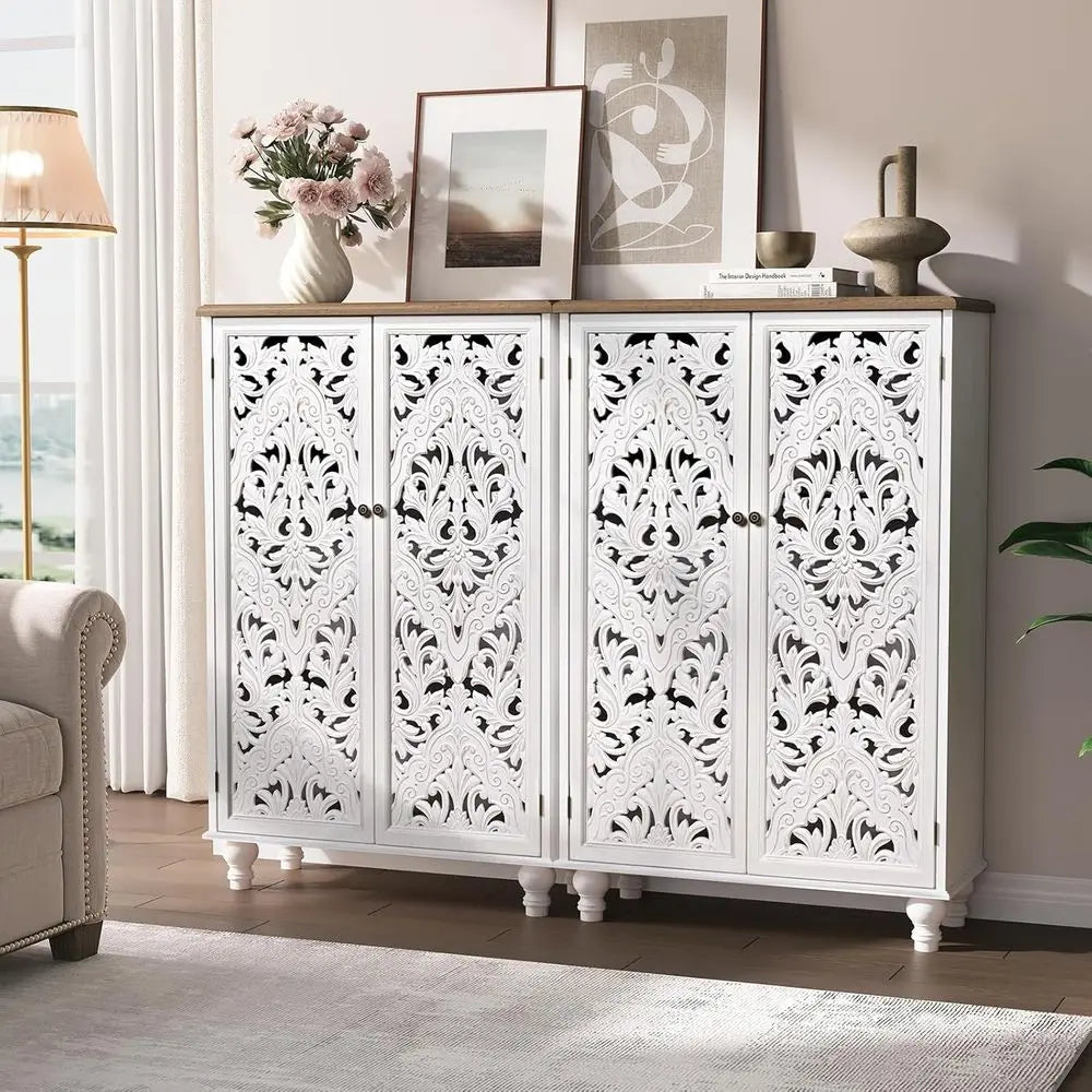 Wooden Carved Accent Storage Cabinet For Boho Living Room Decor