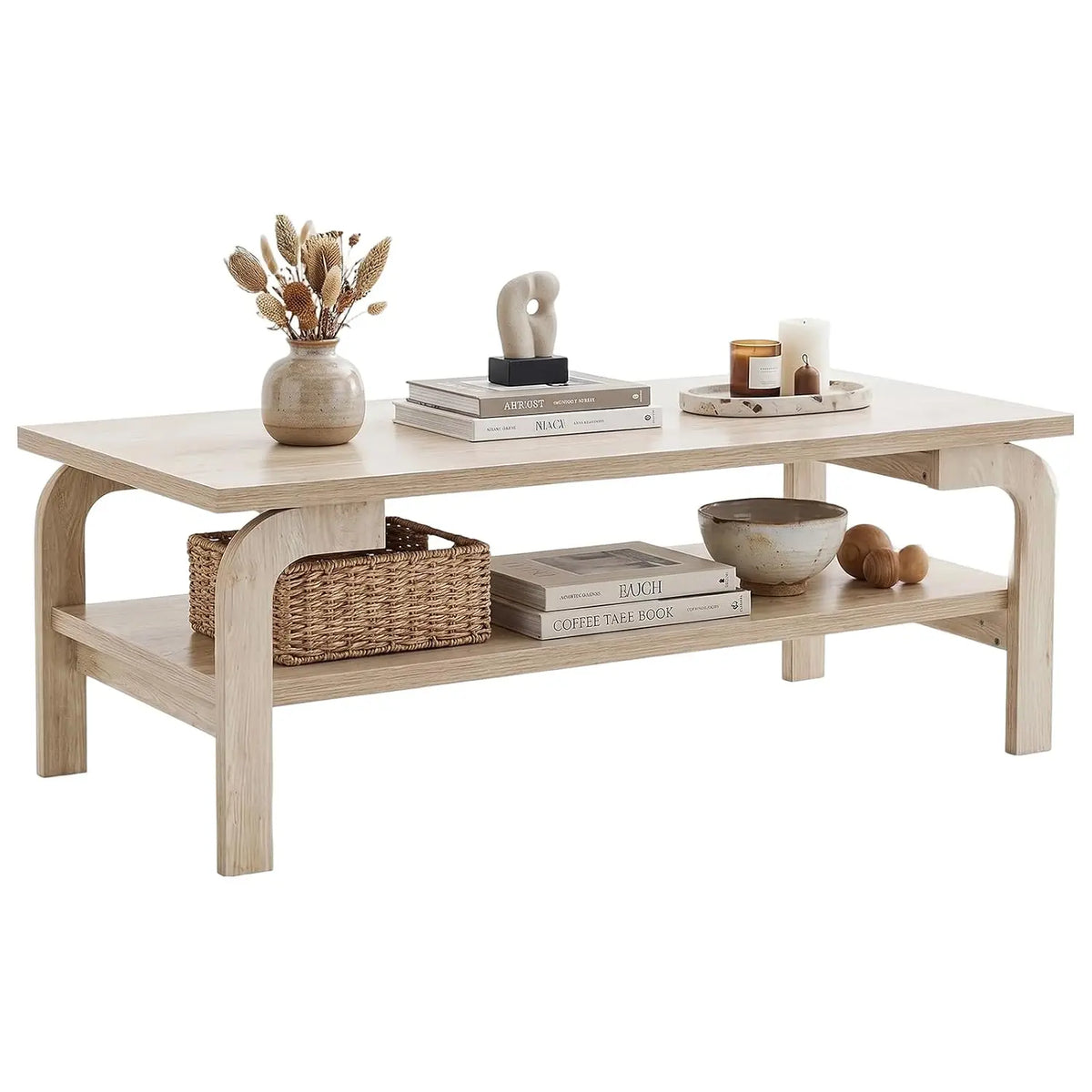 Rectangular Wooden Coffee Table 2-Tier Storage Shelf Mid-Century Vintage Living Room Apartment Natural, Customized