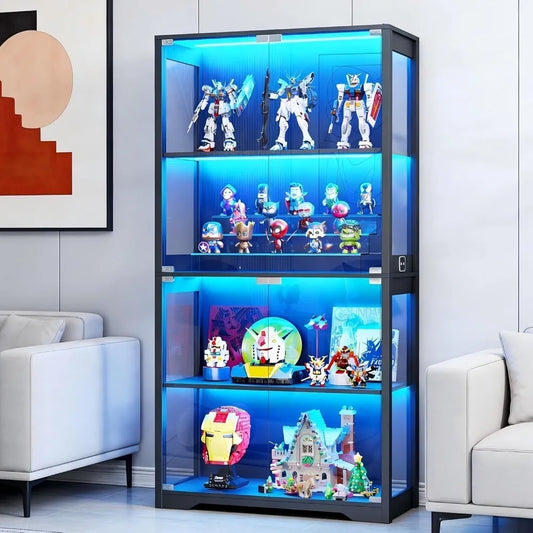 Display Cabinet with Glass Doors, Curio Cabinet with 3 LED Lights and Human Body Sensor, Bookcase with 4 Shelves, Customized