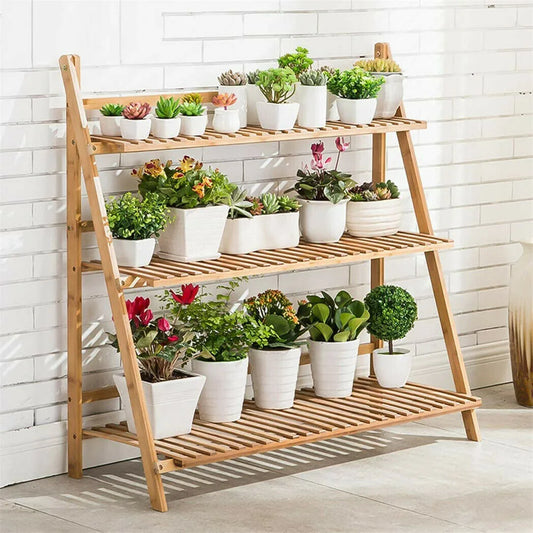 Three Tier Bamboo Plant Stand Shelf For Indoor Outdoor Display