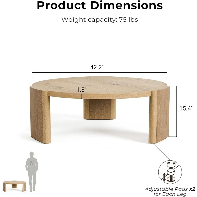 Carys 42” Round Coffee Table, Solid Rubberwood & Oak Veneer, Modern Wood Living Room Table with Plinth Base, Oak Finish