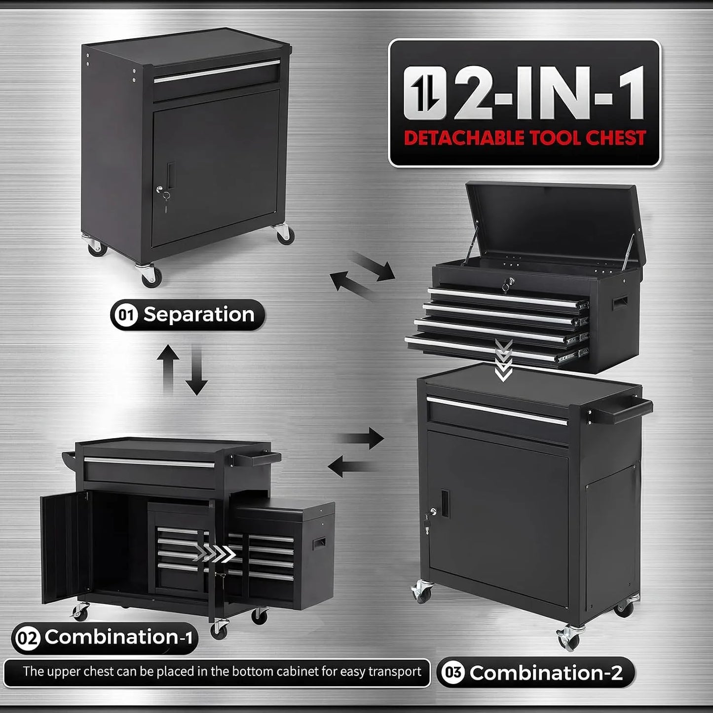 5 Drawer Rolling Tool Cabinet with Lockable Detachable Tool Box, Mobile Steel Tool Storage Organizer with Swivel Wheels, Garage Workshop Mechanic Storage Cart