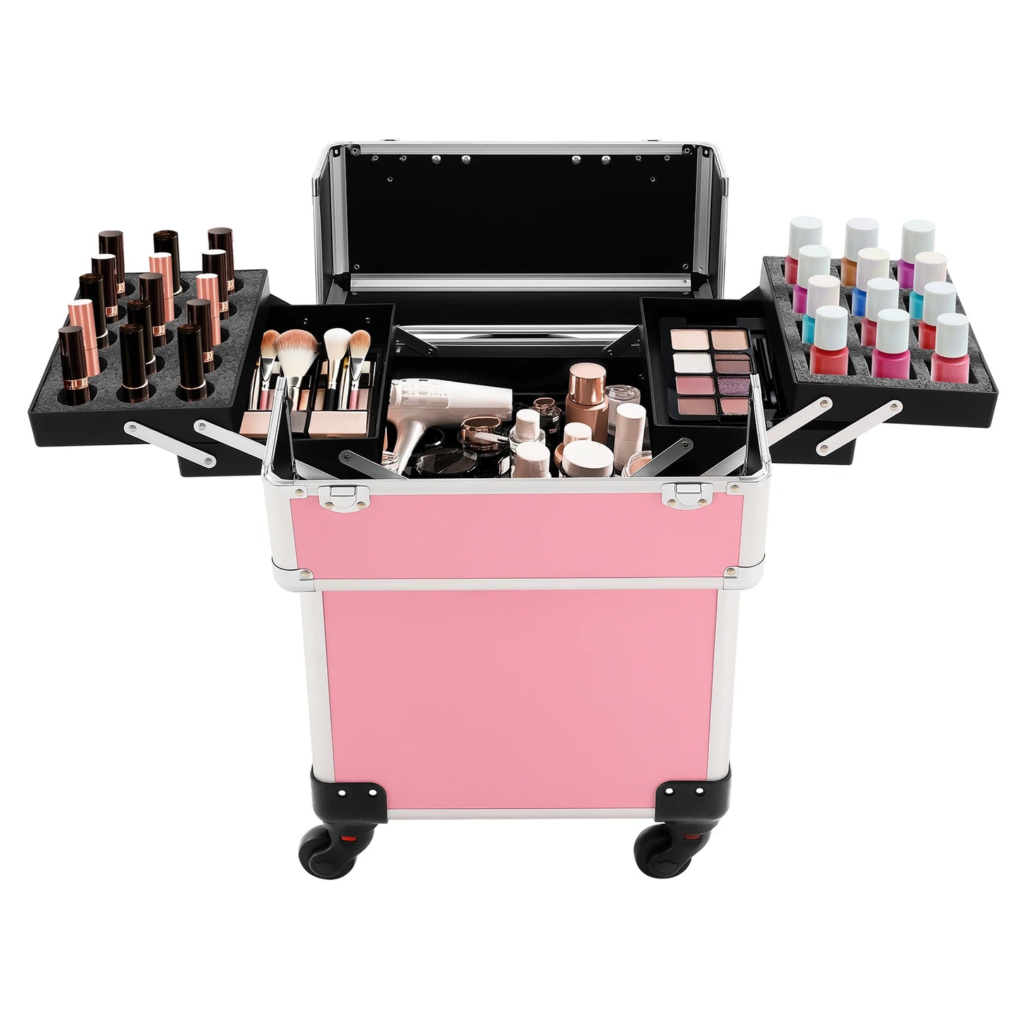 NEWEST Cosmetic Case Trolley with Locks, Professional Rolling Makeup Train Case with Drawers, Large Cosmetic Trolley Cosmetics Storage Organizer for Travel Makeup / Nail Art / Hair Styling, (Pink)