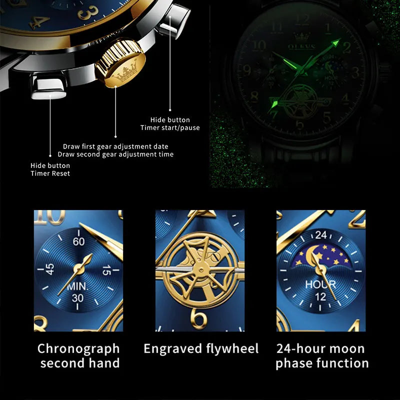 OLEVS Moon Phase Men's Watch Stainless Steel Waterproof Skeleton Chronograph