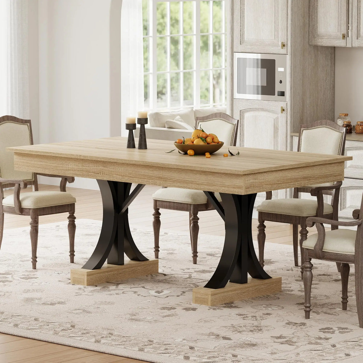 71 Inch Dining Table For 6-8 With 2 Drawers, Industrial Rectangular Wooden Kitchen Table, Double Pedestal Base For Home Office
