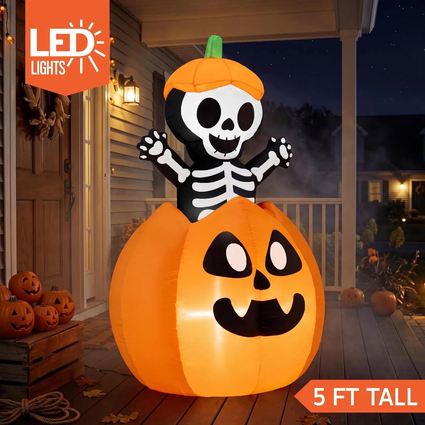 5FT Halloween Animated Inflatables Outdoor Decorations, Inflatable Skeleton On Pumpkin with LEDs, Cute Blow Up Pumpkin Skeleton Decor for Outside Yard Indoor Lawn Garden Party Decoration