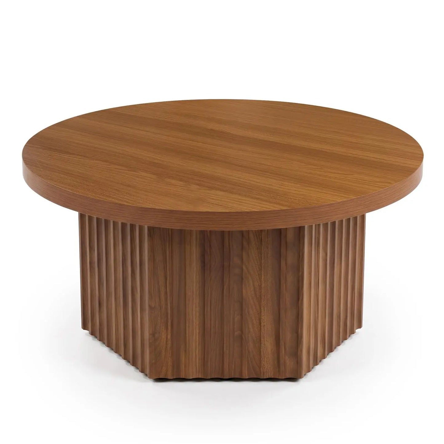 31.5 Inch Round Fluted Drum Coffee Table, Modern Wood Pedestal Table For Living Room, Apartment, Small Space, Farmhouse Boho