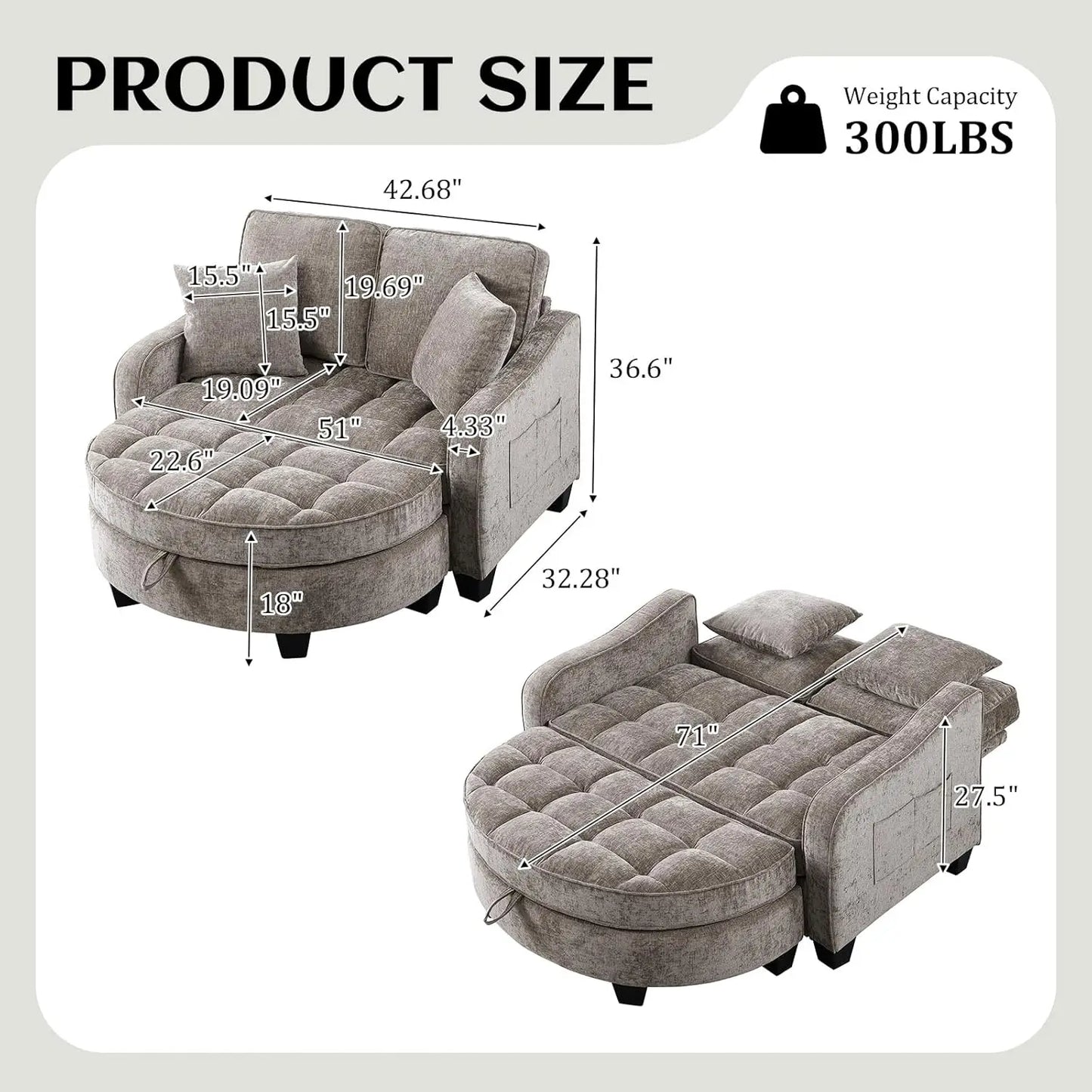 Oversized Curved Chaise Lounge Chair With Ottoman Chenille