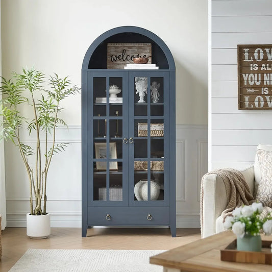 Farmhouse Arched Wood Cabinet With Glass Doors And Drawer