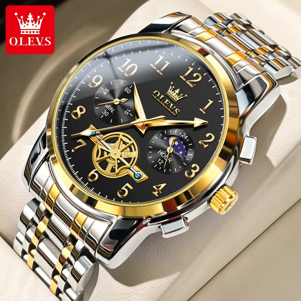 OLEVS Moon Phase Men's Watch Stainless Steel Waterproof Skeleton Chronograph