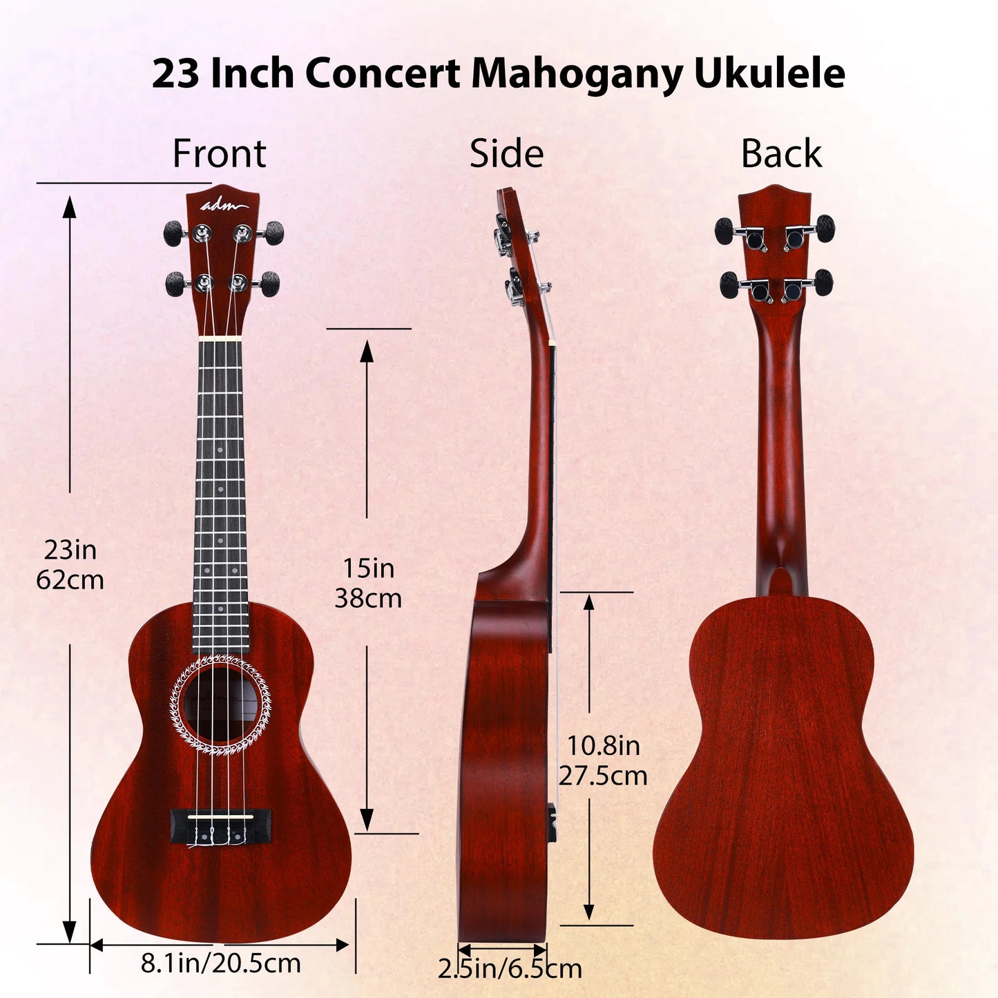 ADM 23 inch Concert Ukulele Starter Kit Mahogany Body Free Online Lessons Complete Bundle for Beginners & Pros
