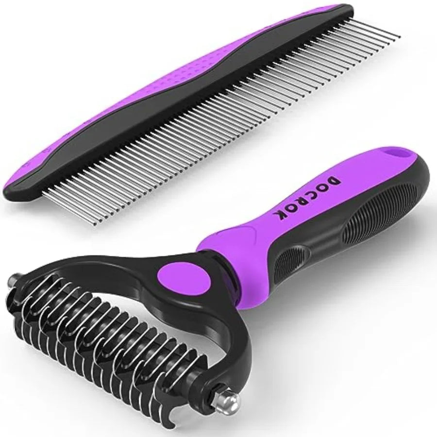 Pet Grooming Combo - Deshedding Brush with Metal Comb for Detangling and Dematting Long, Matted Fur on Cats and Dogs