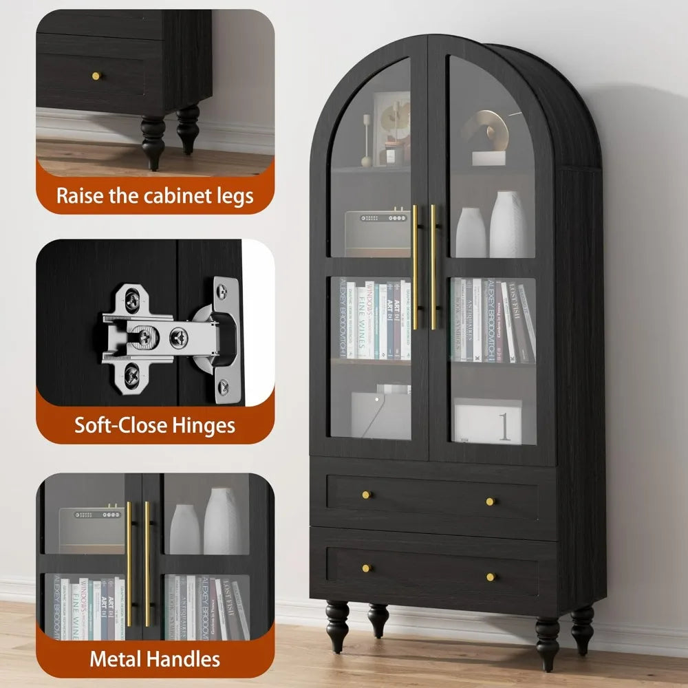Solid Wood Pantry Cabinet With Glass Doors Tall Kitchen Storage