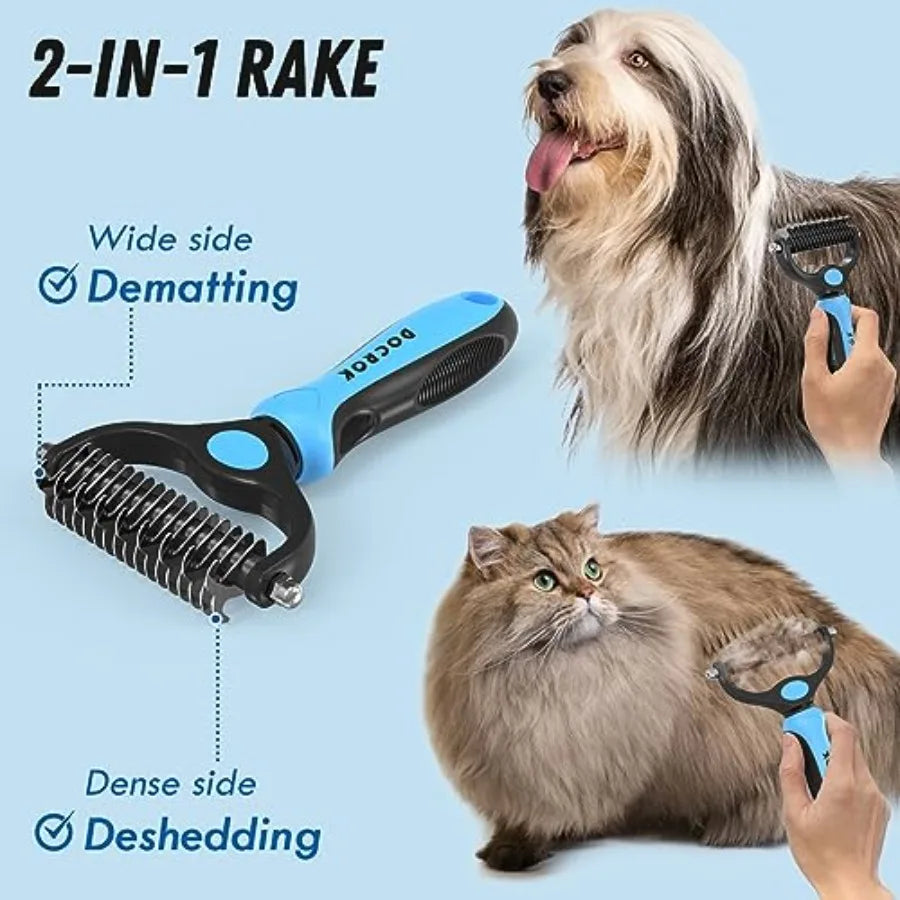 Pet Grooming Combo - Deshedding Brush with Metal Comb for Detangling and Dematting Long, Matted Fur on Cats and Dogs