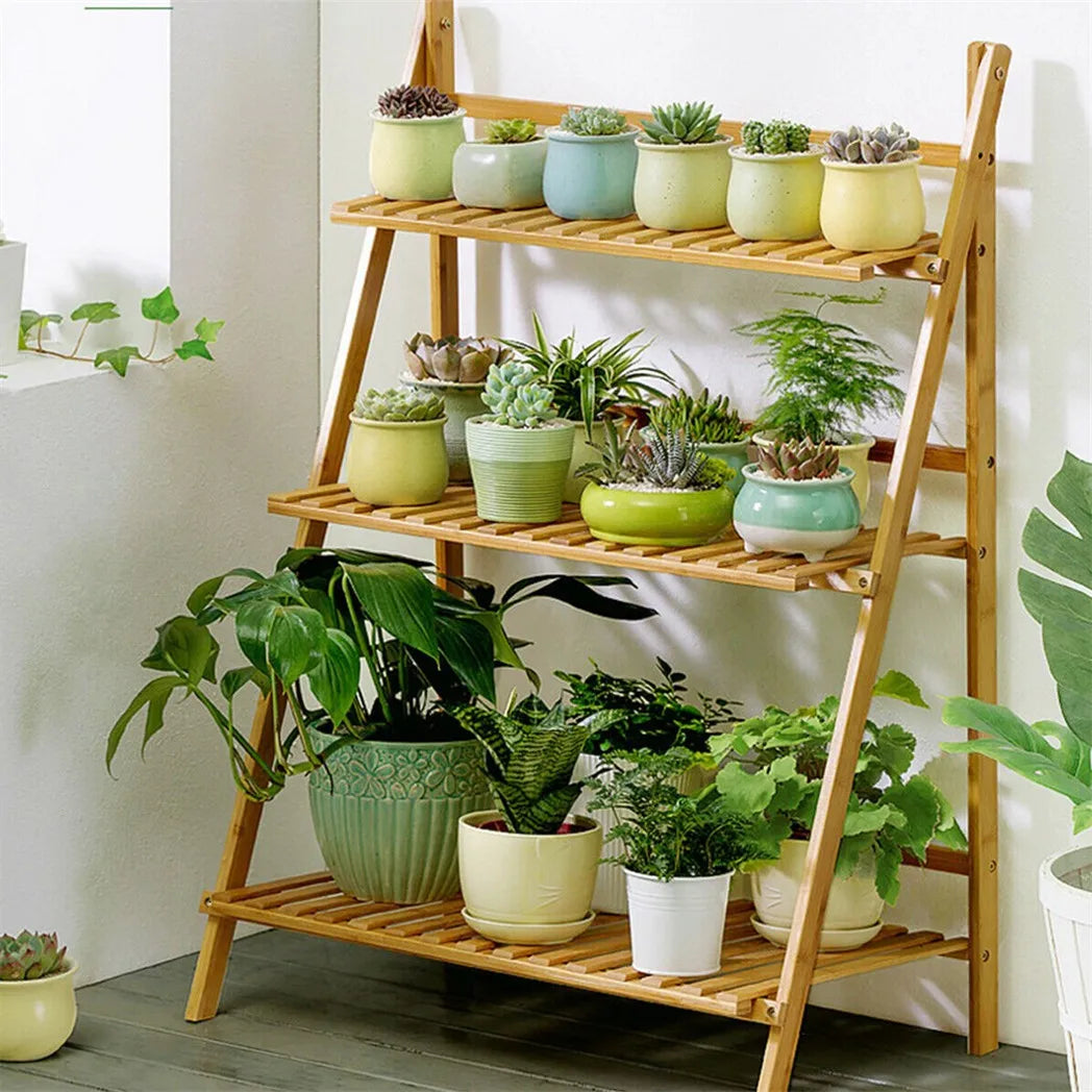 Three Tier Bamboo Plant Stand Shelf For Indoor Outdoor Display