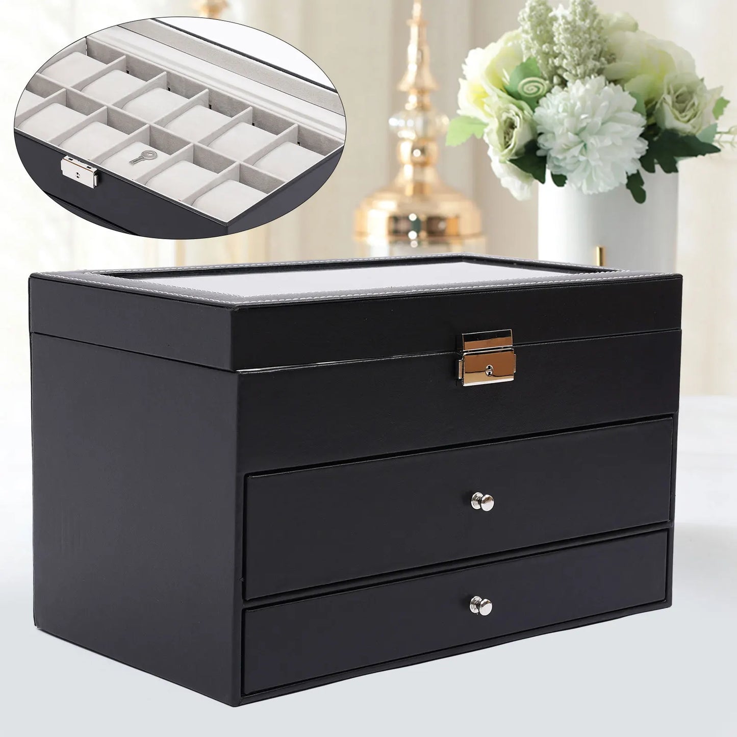 12 Compartments Watch Storage Display BoxGlasses Case, Jewelry Box Organizer Watch Showcase Soft PU