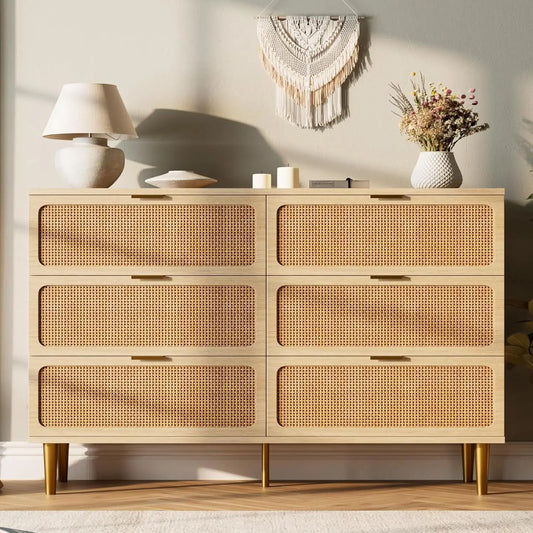 47.2in 6 Drawer Natural Rattan Dresser for Bedroom, Wooden Dresser with 15.6in Deep Storage & Wide Top, Large Modern Chest of Drawers for Living Room, Hallway and Kids Room Closet,