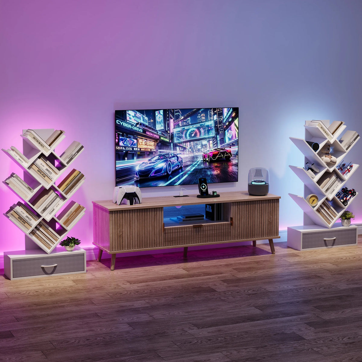 HiMISS Tree Bookshelf With LED Lights And Fabric Drawer Storage