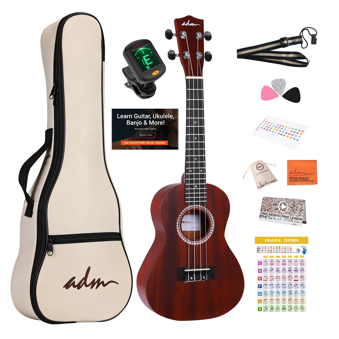 ADM 23 inch Concert Ukulele Starter Kit Mahogany Body Free Online Lessons Complete Bundle for Beginners & Pros