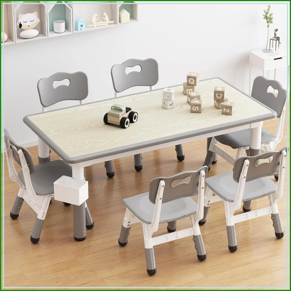 Kids Table 6 Chairs Set 47x24in Height Adjustable Activity Table Storage Boxes Wipe-Clean Gray