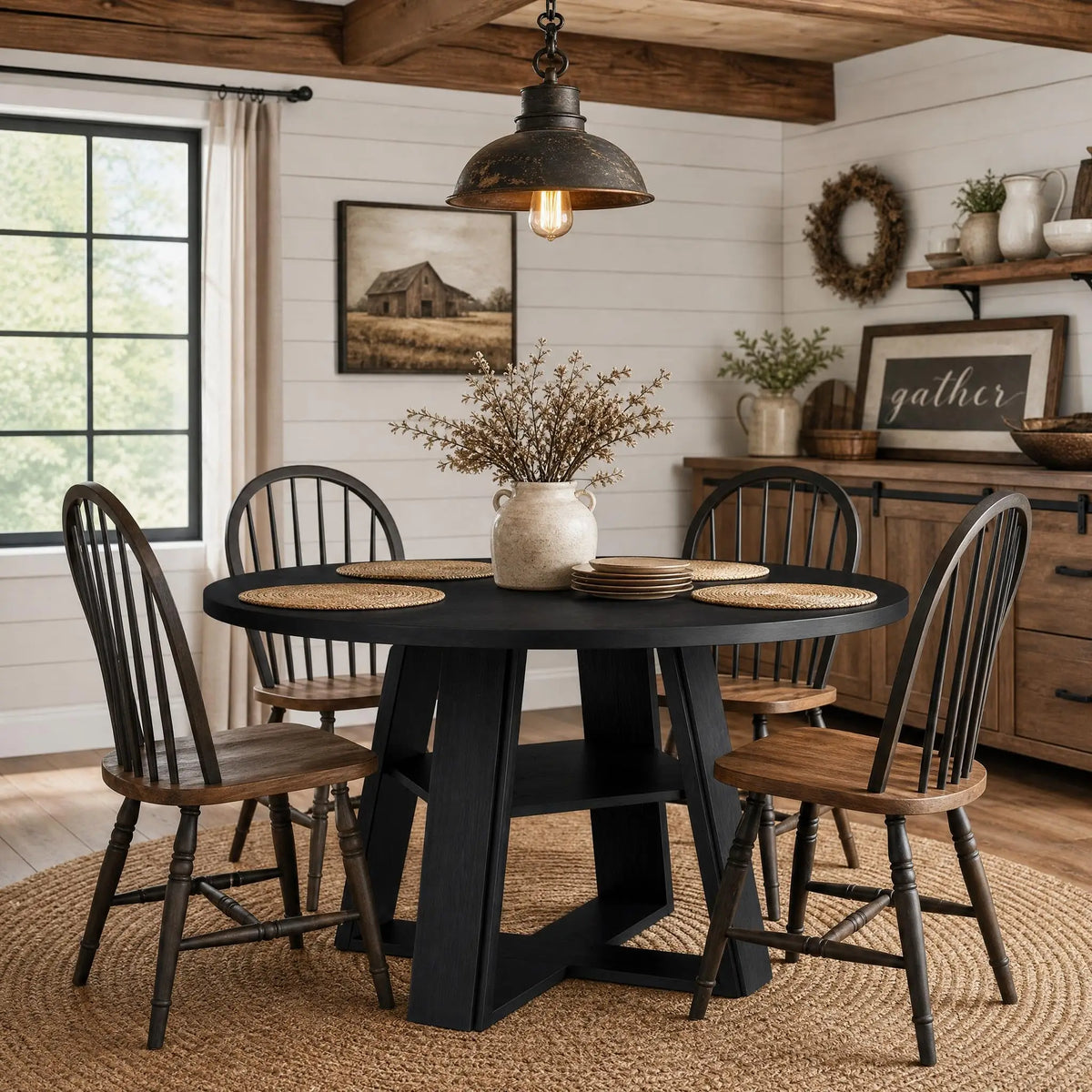 HiMISS Modern Farmhouse Pedestal Dining Table With Storage Shelf