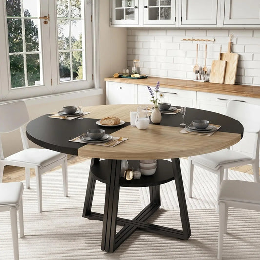Farmhouse Round Dining Table 47 Inch, Scratch-Proof Wood Top Dinner Table with Under Table Open Storage Shelf, Reinforced Metal Cross Legs, Seats 4-6 for Kitchen Dining Room Small Apartment