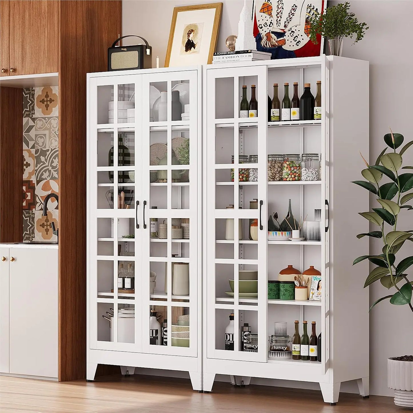 71" White Glass Door Display Cabinet for Kitchen and Dining Room, Customized