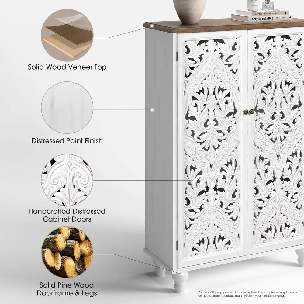 Wooden Carved Accent Storage Cabinet For Boho Living Room Decor