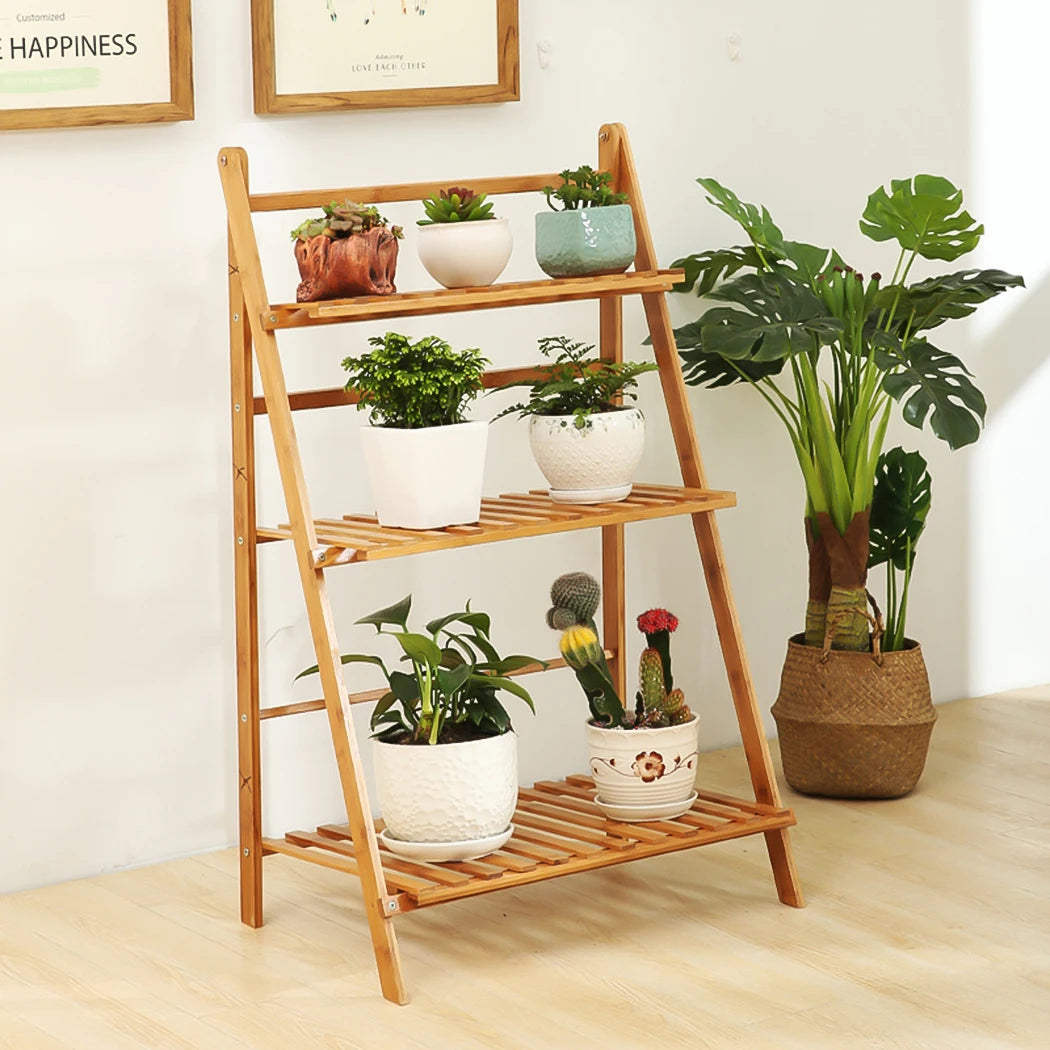 Three Tier Bamboo Plant Stand Shelf For Indoor Outdoor Display