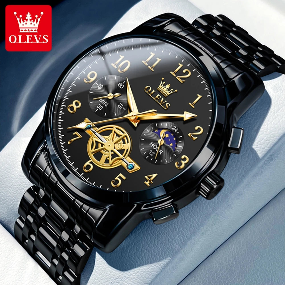 OLEVS Moon Phase Men's Watch Stainless Steel Waterproof Skeleton Chronograph