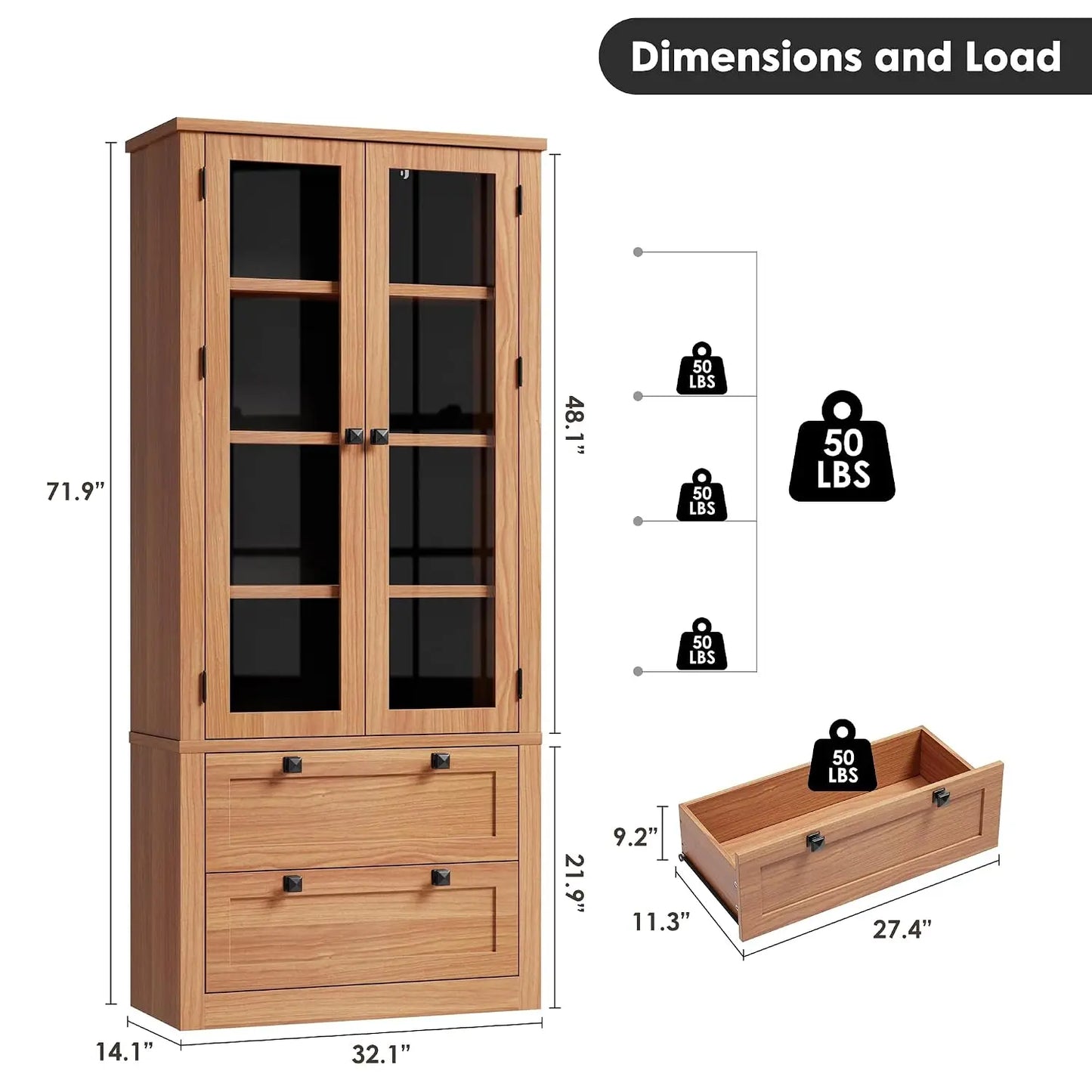 71" Tall Kitchen Pantry Cabinet - Modern Display Storage Cabinet with 2 Large Drawers, Glass Doors, and Adjustable, Customized